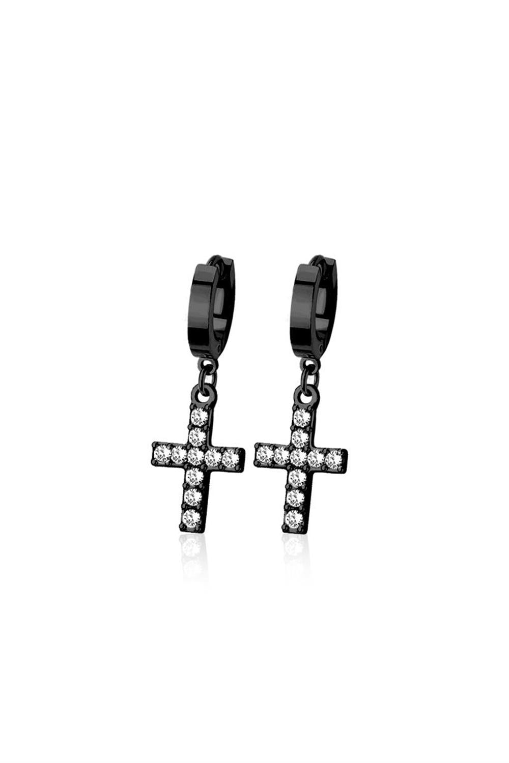 PAIR OF STAINLESS STEEL HUGGIE/HOOP CROSS DANGLE EARRINGS